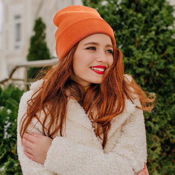 🆕 Women Orange Winter Beanie Hat Unisex Cotton Knitted Cuffed Slouchy Skull Cap - Picture 8 of 8